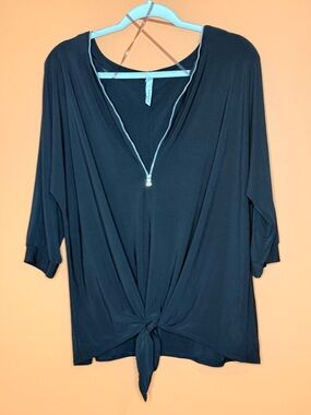 NY Collection Black V-Neck Front Zip Tie-Front Blouse